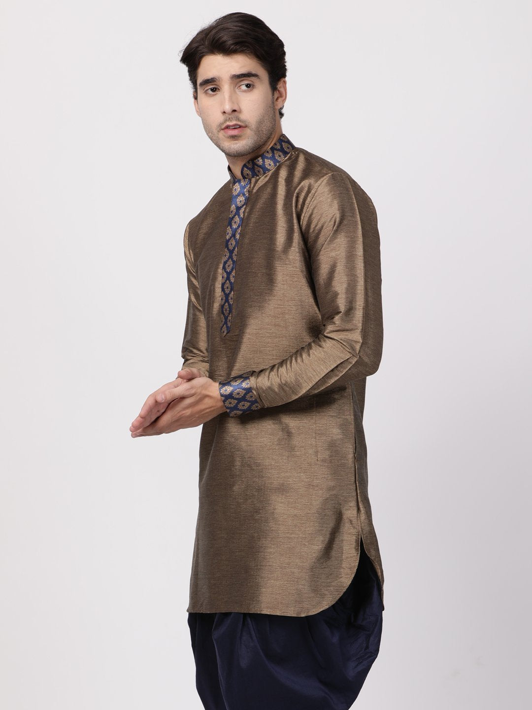 Vastramay Men's Bronze And Navy Blue Silk Blend Kurta