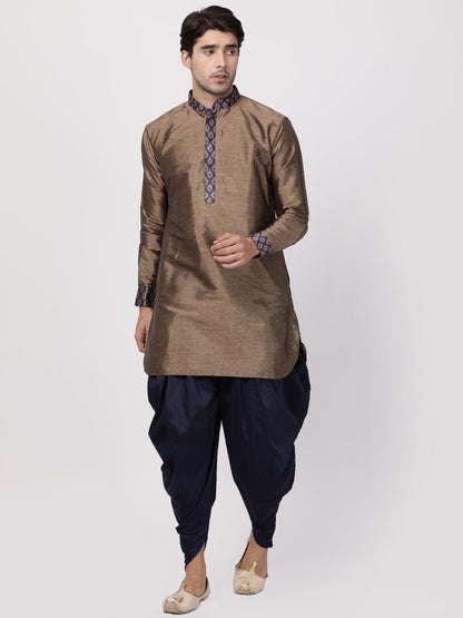 Vastramay Men's Bronze And Navy Blue Silk Blend Kurta