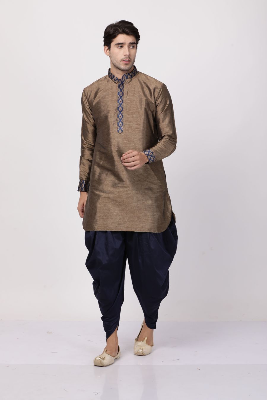 Vastramay Vastramay Men's Bronze And Navy Blue Silk Blend Kurta and Dhoti Pant Set