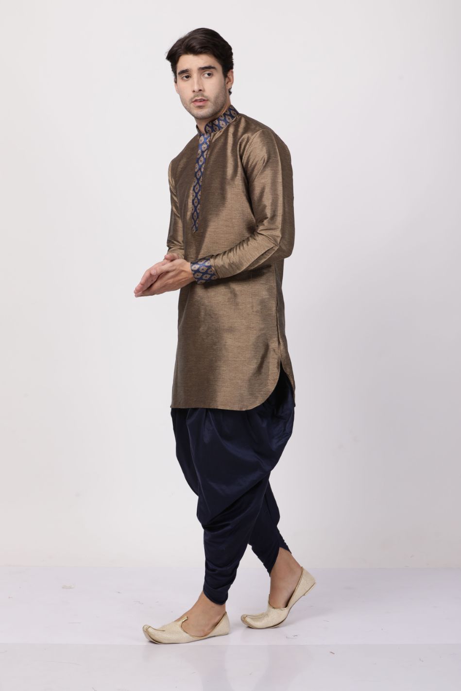 Vastramay Men's Bronze And Navy Blue Silk Blend Kurta and Dhoti Pant Set