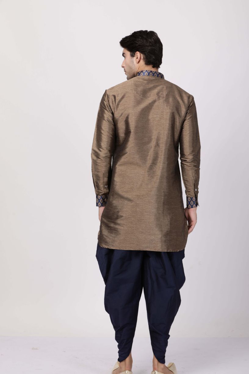 Vastramay Men's Bronze And Navy Blue Silk Blend Kurta and Dhoti Pant Set