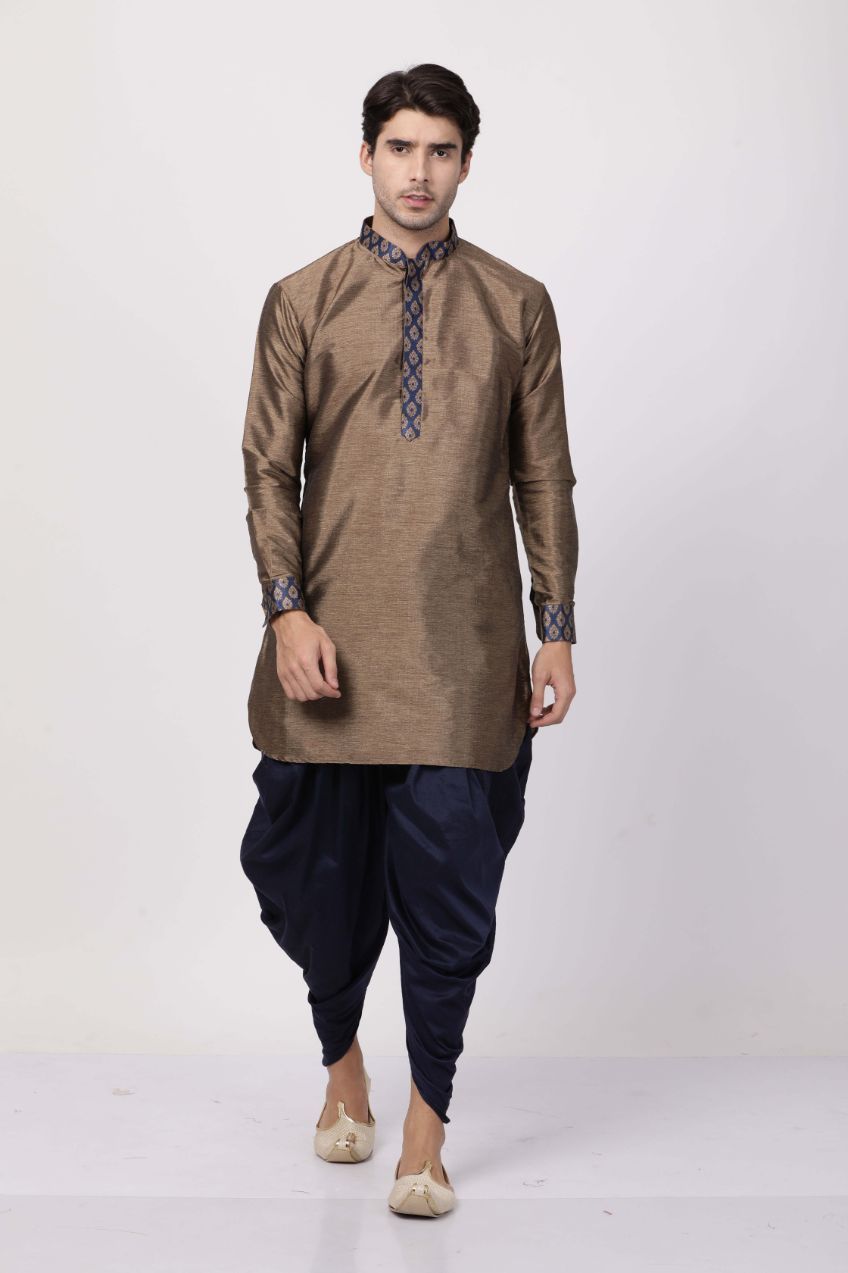 Vastramay Men's Bronze And Navy Blue Silk Blend Kurta and Dhoti Pant Set