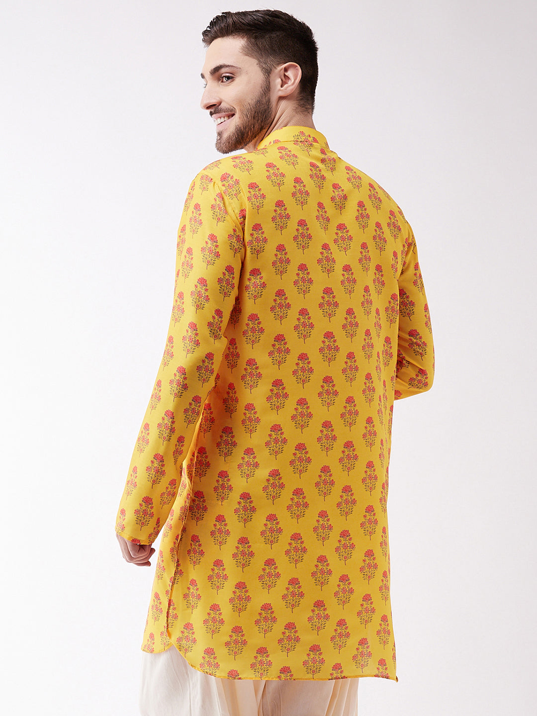 VASTRAMAY Multicolor-Base-Mustard And Cream Baap Beta Kurta