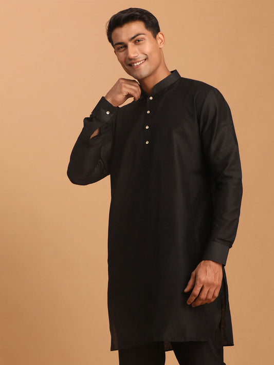 vastramay mens black silk blend curved hem kurta