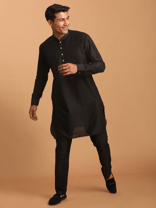 vastramay mens black silk blend curved hem kurta with pant set