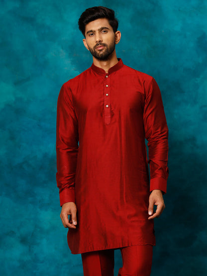 VASTRAMAY Men's Maroon Cotton Blend Curved Kurta