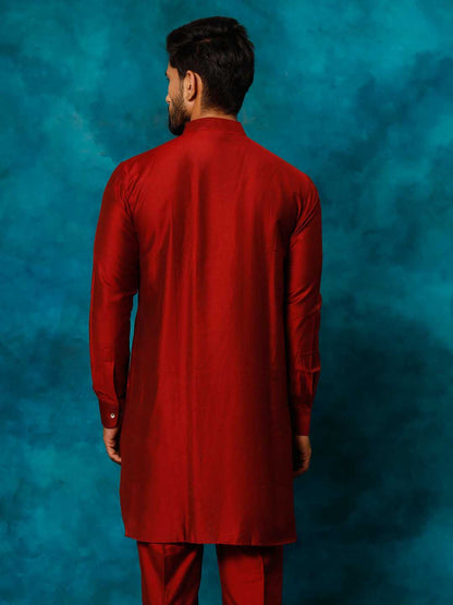 VASTRAMAY Men's Maroon Cotton Blend Curved Kurta