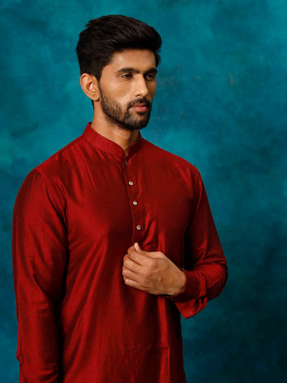 VASTRAMAY Men's Maroon Cotton Blend Curved Kurta