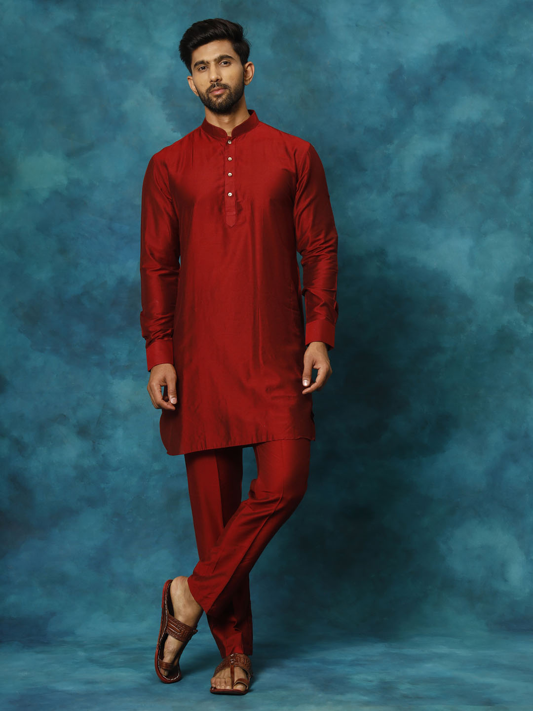 VASTRAMAY Men's Maroon Viscose Kurta Pyjama Set