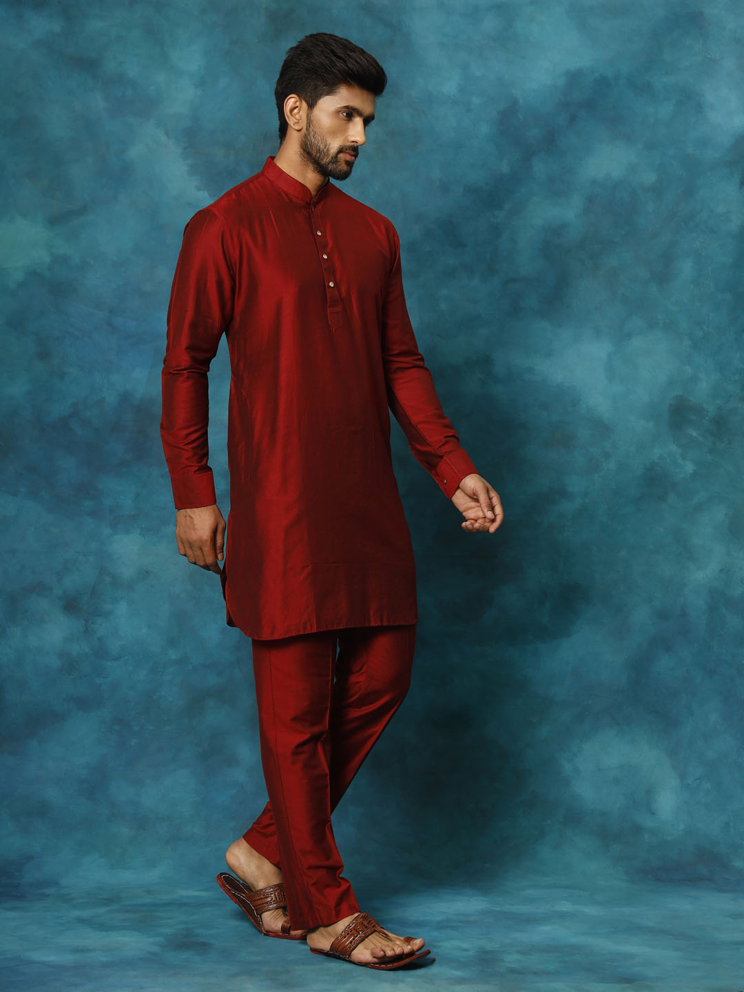 VASTRAMAY Men's Maroon Viscose Kurta Pyjama Set