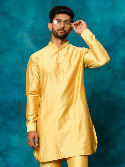 VASTRAMAY Men's Mustard Viscose Curved Kurta