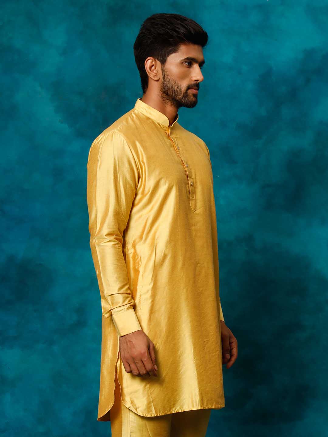 VASTRAMAY Men's Mustard Viscose Curved Kurta