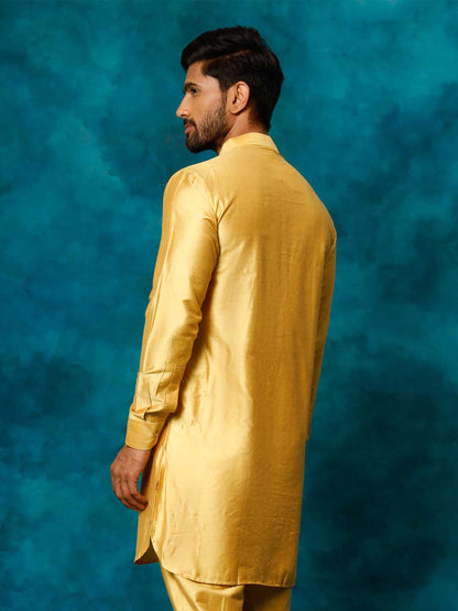 VASTRAMAY Men's Mustard Viscose Curved Kurta