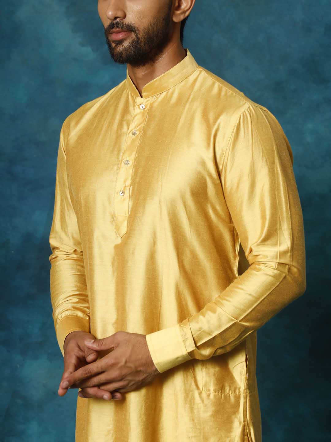 VASTRAMAY Men's Mustard Viscose Curved Kurta