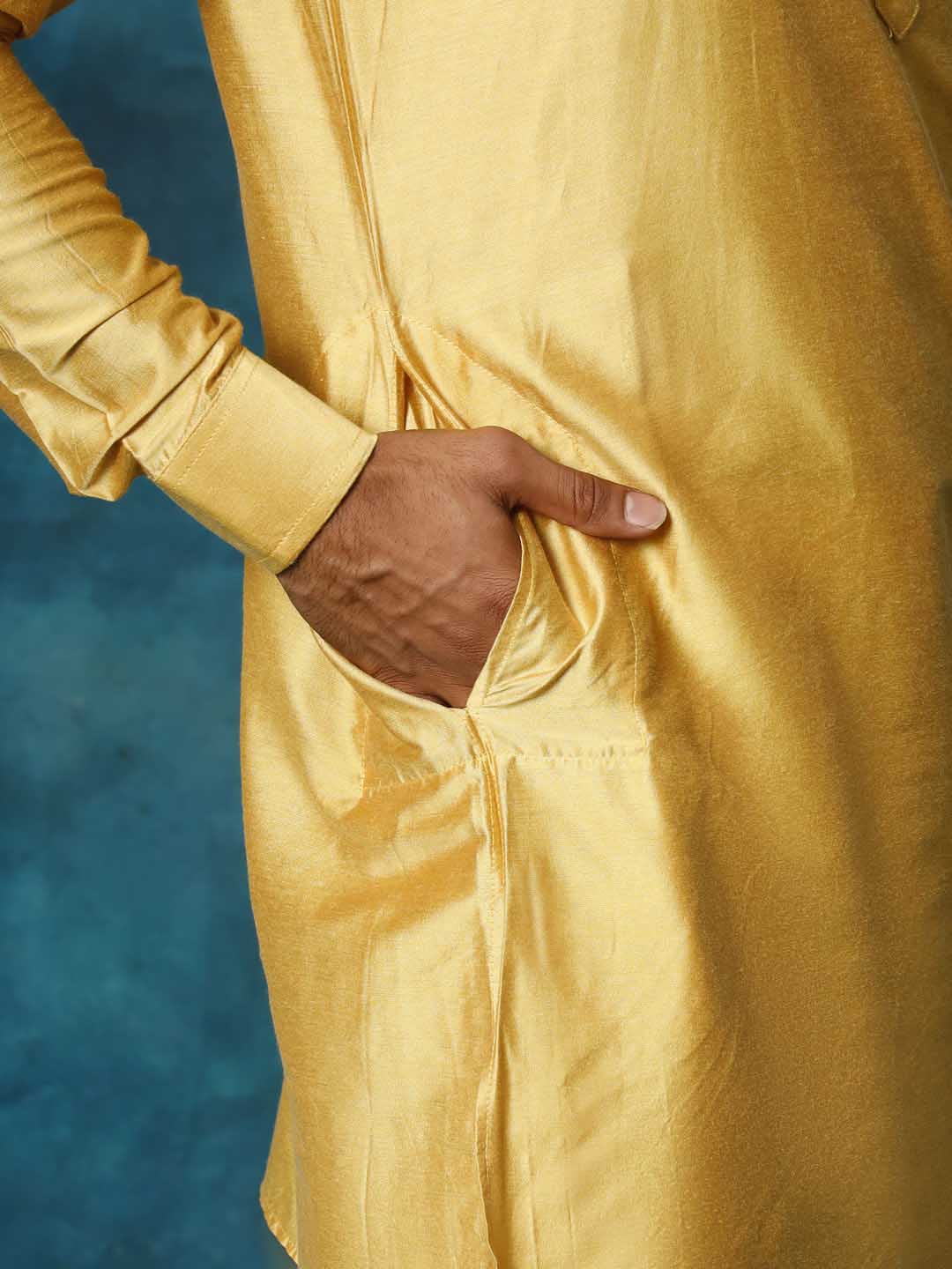 VASTRAMAY Men's Mustard Viscose Curved Kurta