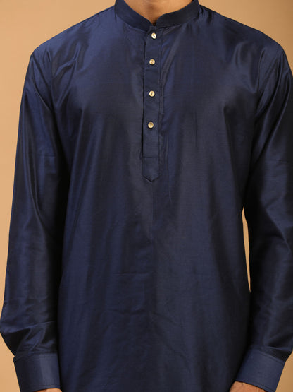 vastramay mens blue silk blend curved hem kurta