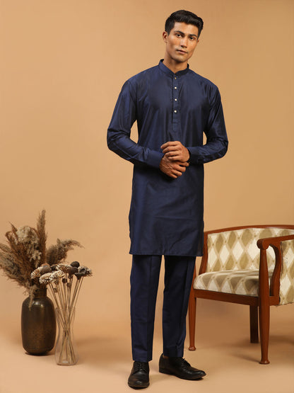 vastramay mens blue silk blend curved hem kurta