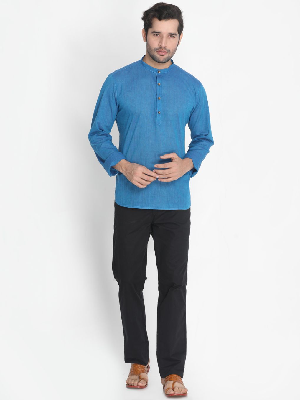 Vastramay Men's Blue Pure Cotton Short Kurta
