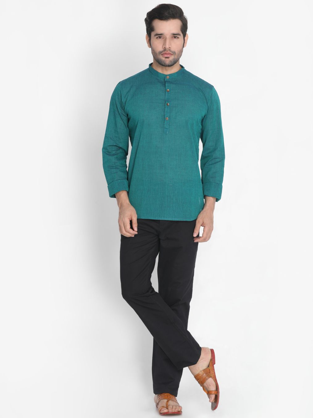 Vastramay Men's Green Pure Cotton Short Kurta