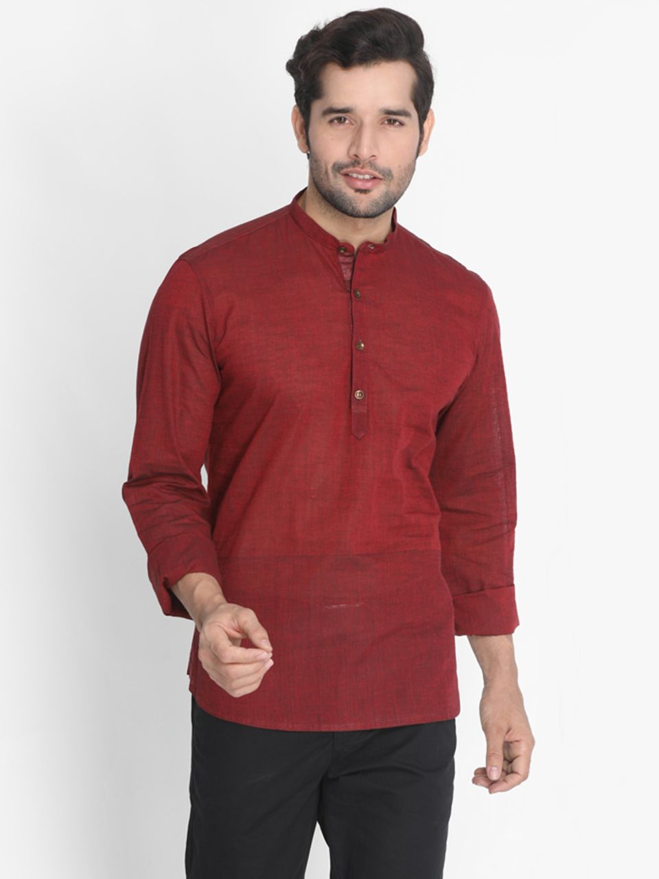 Vastramay Men's Maroon Pure Cotton Short Kurta