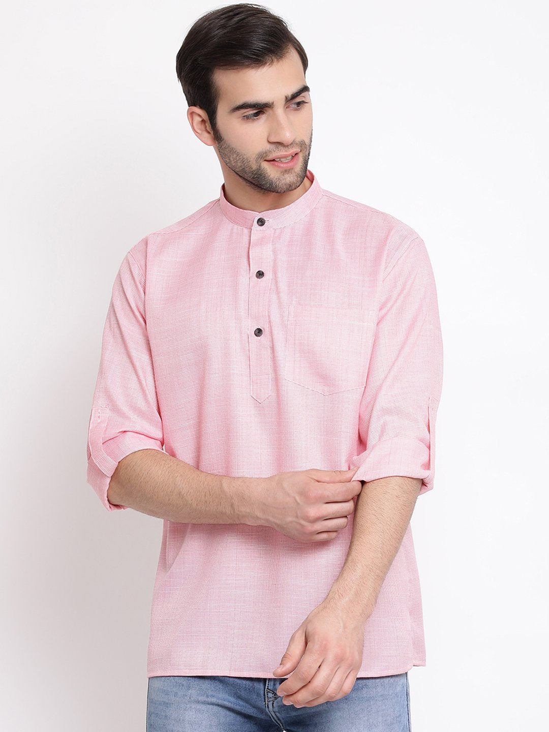 Vastramay Men's Pink Cotton Blend Short Kurta