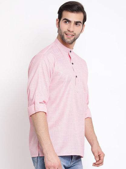 Vastramay Men's Pink Cotton Blend Short Kurta