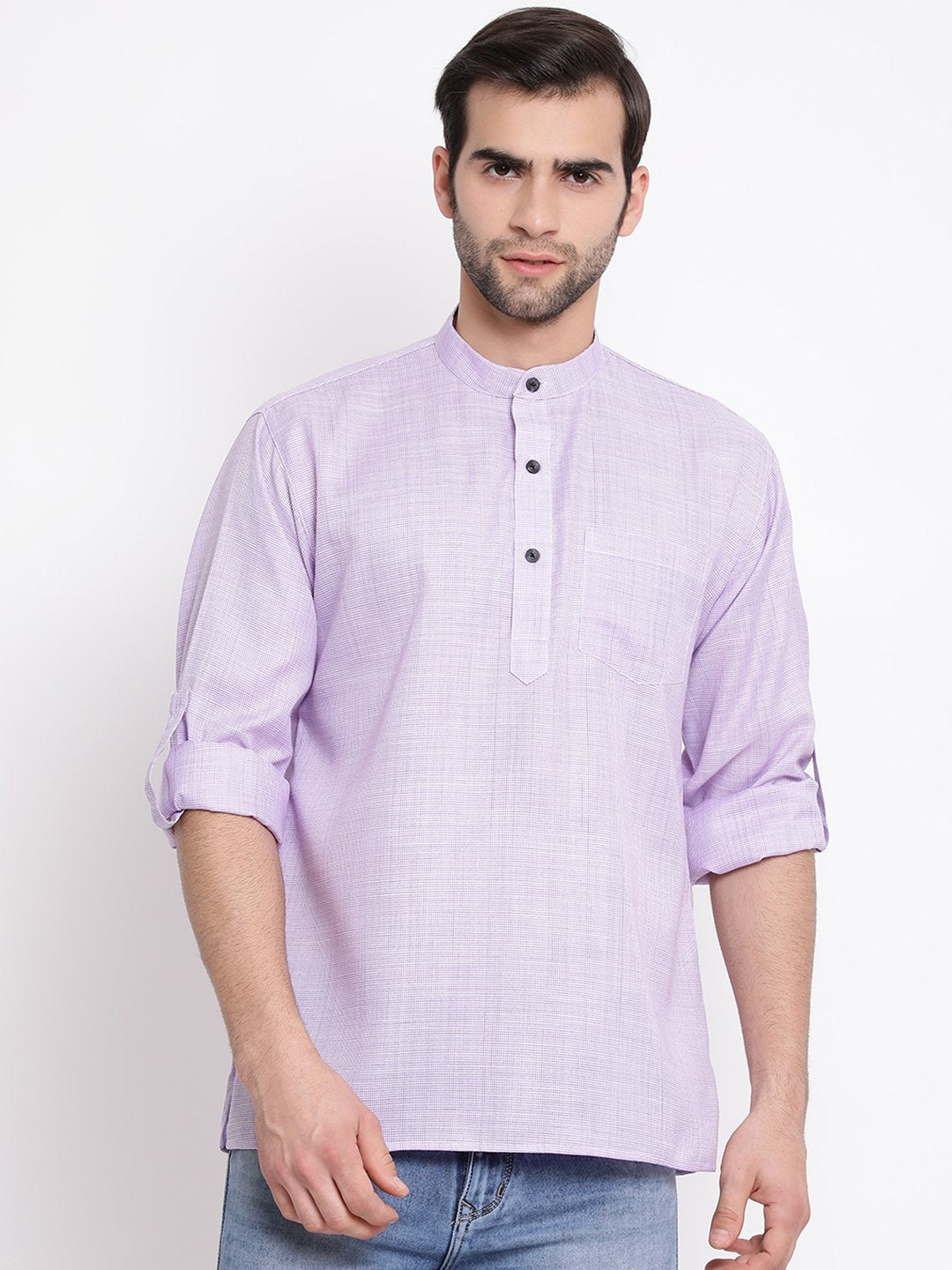 Vastramay Men's Purple Cotton Blend Short Kurta