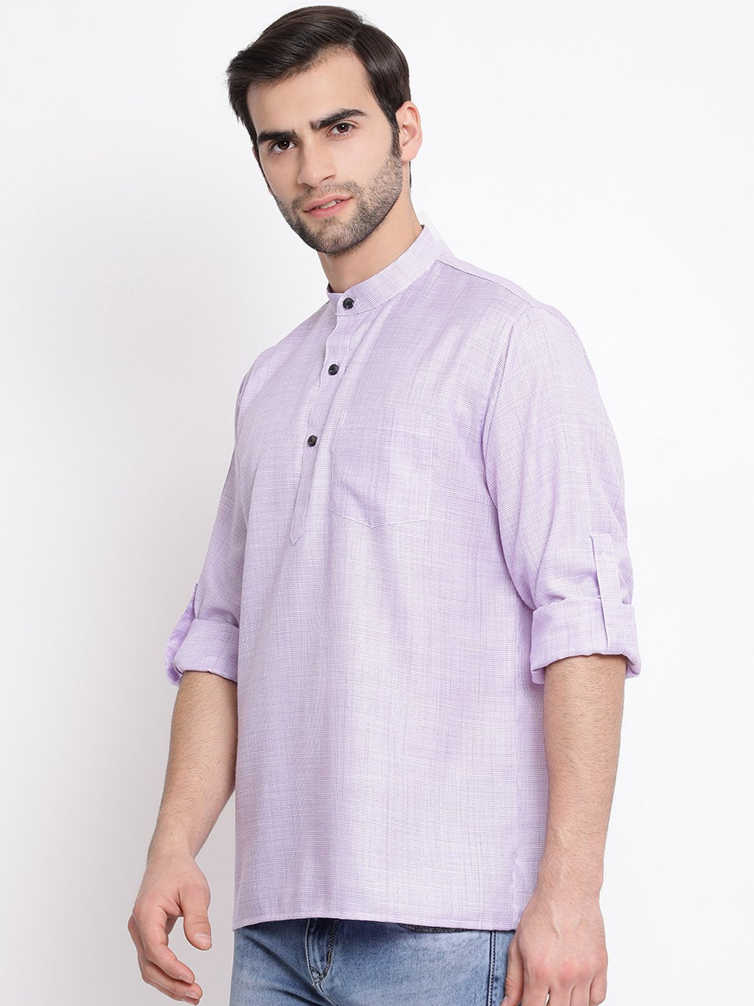 Vastramay Men's Purple Cotton Blend Short Kurta