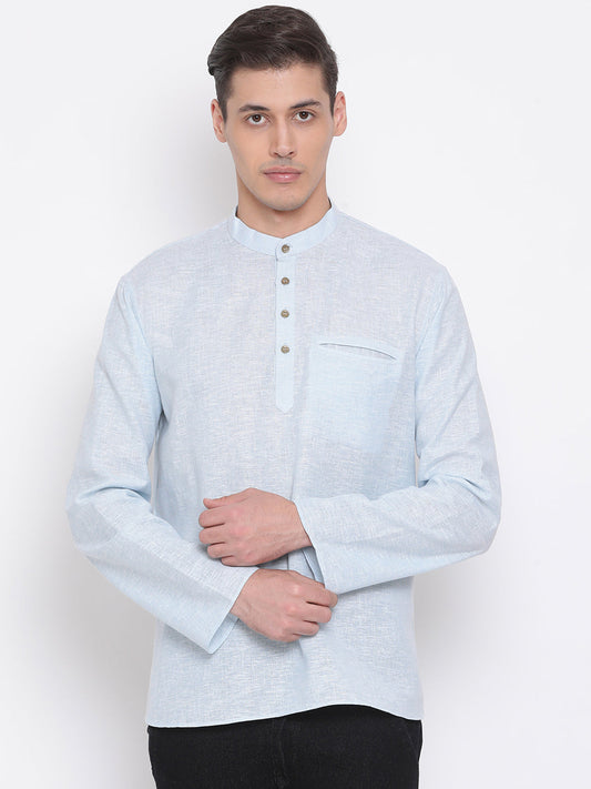 Vastramay Men's Aqua Blue Cotton Blend Short Kurta