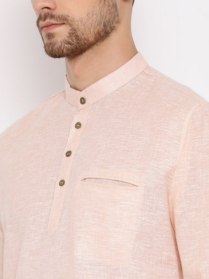 Vastramay Men's Peach Cotton Blend Short Kurta