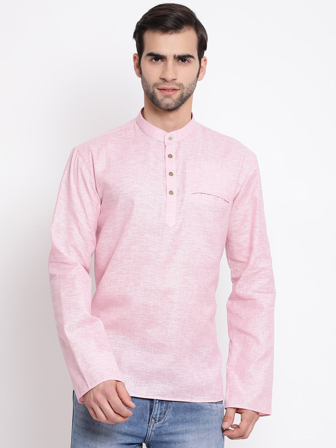 Vastramay Men's Pink Cotton Blend Short Kurta