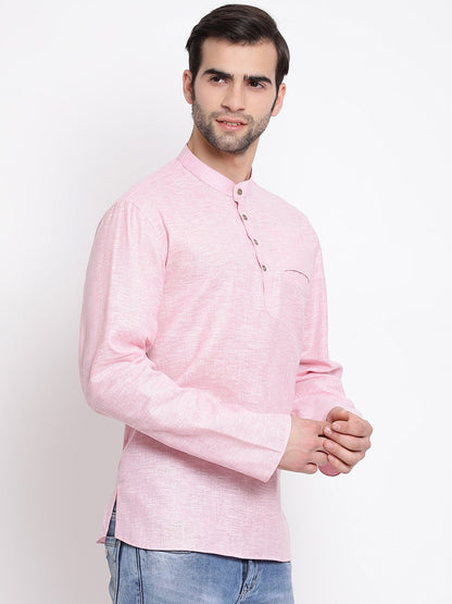 Vastramay Men's Pink Cotton Blend Short Kurta