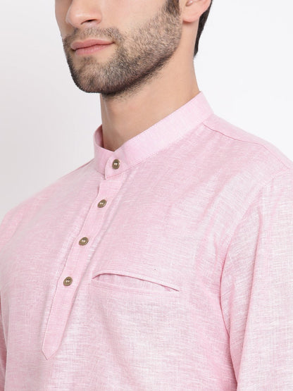 Vastramay Men's Pink Cotton Blend Short Kurta