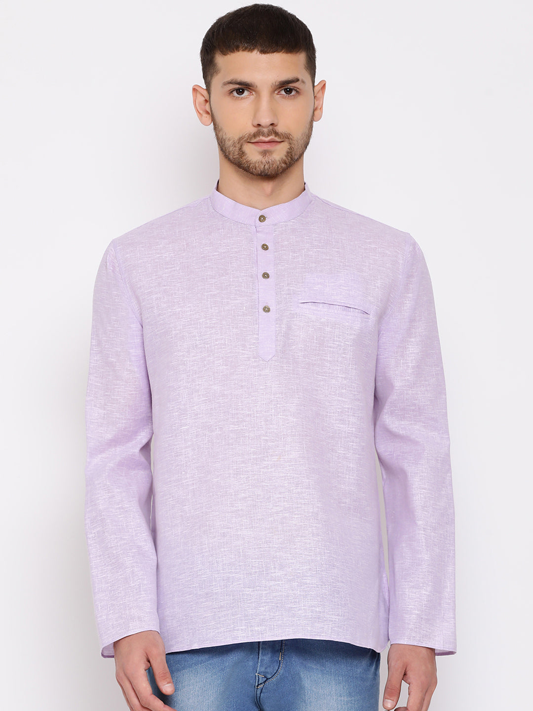 Vastramay Men's Purple Cotton Blend Short Kurta