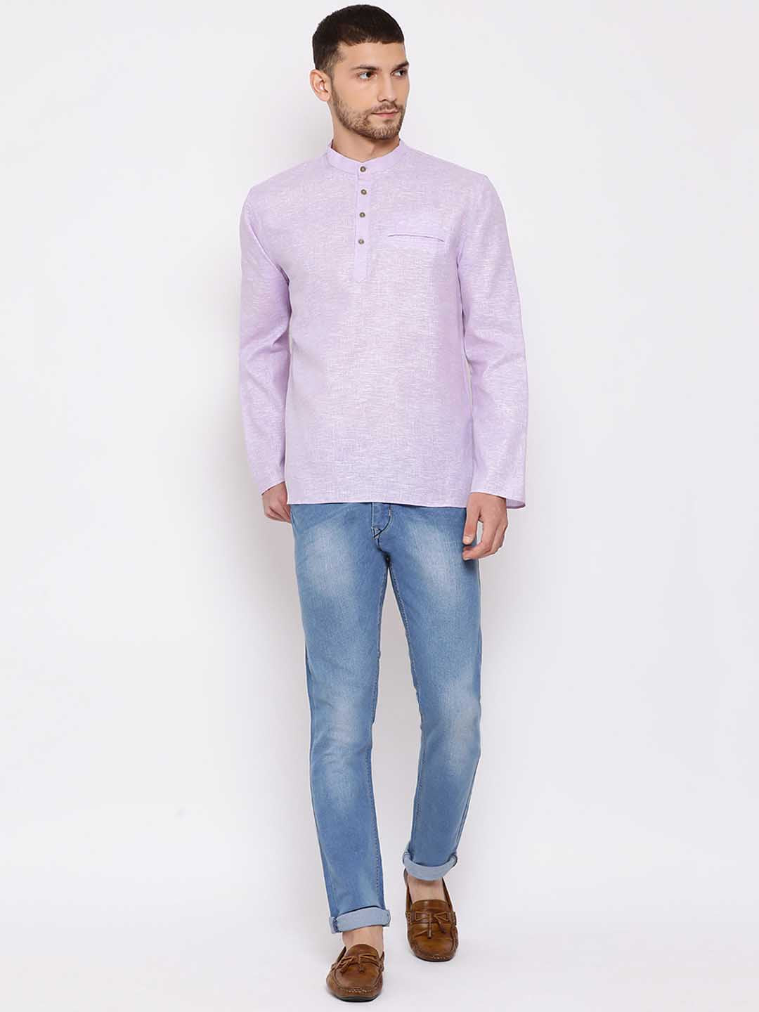 Vastramay Men's Purple Cotton Blend Short Kurta