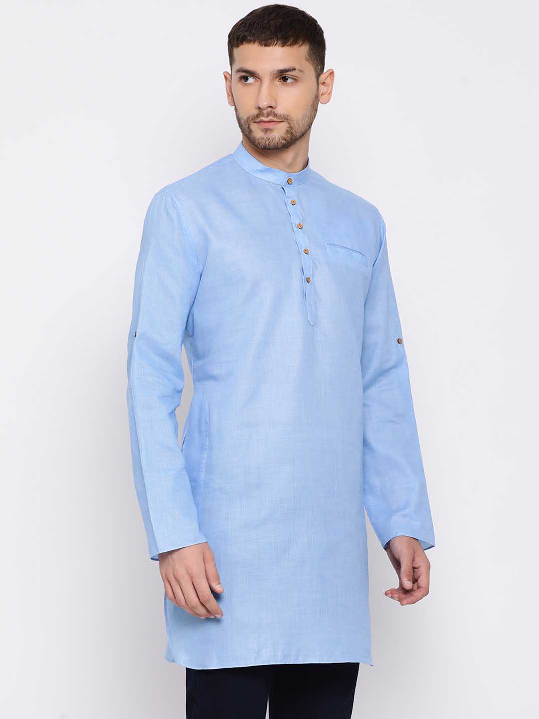 Vastramay Men's Light Blue Cotton Blend Short Kurta