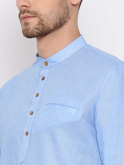 Vastramay Men's Light Blue Cotton Blend Short Kurta