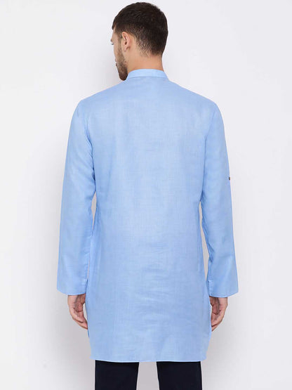 Vastramay Men's Light Blue Cotton Blend Short Kurta