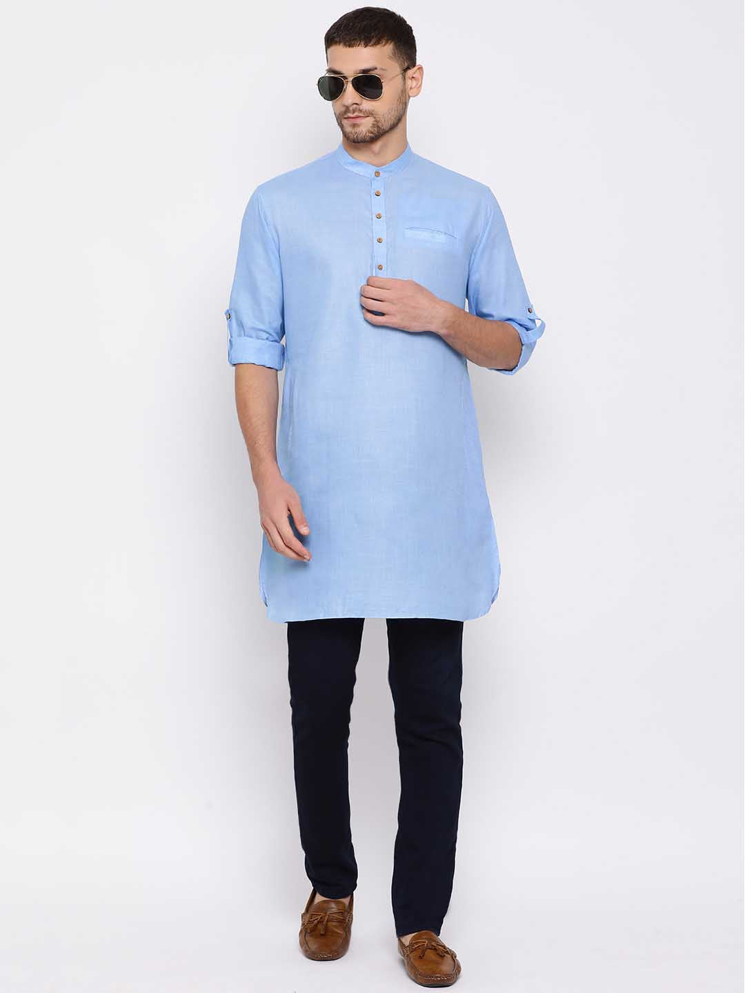 Vastramay Men's Light Blue Cotton Blend Short Kurta