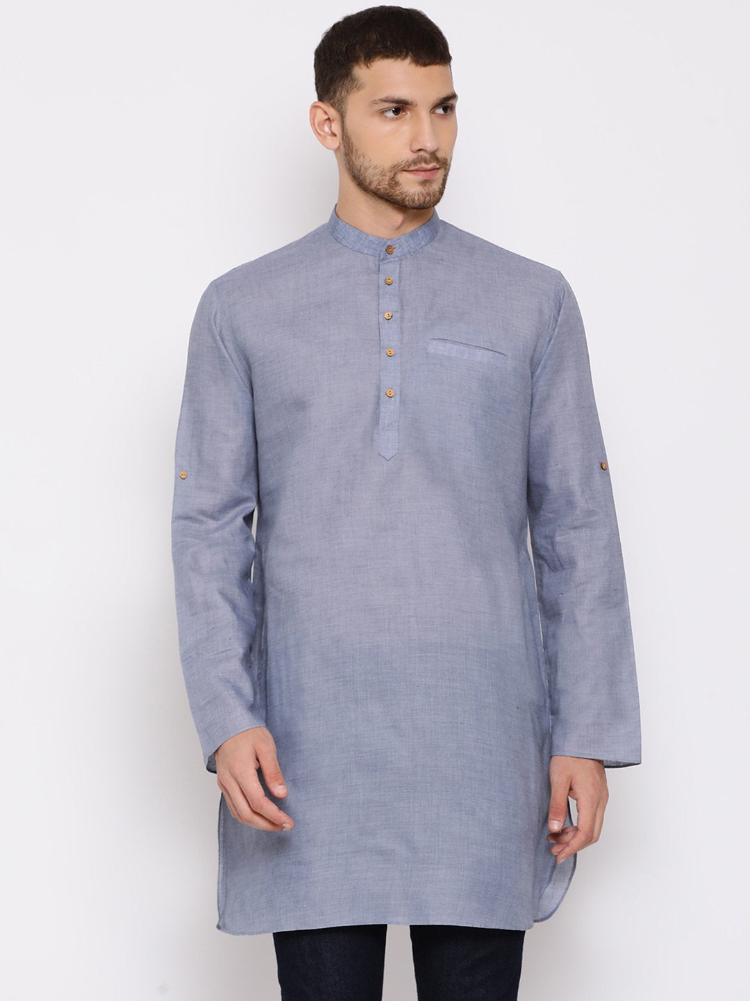 Vastramay Men's Grey Cotton Blend Short Kurta