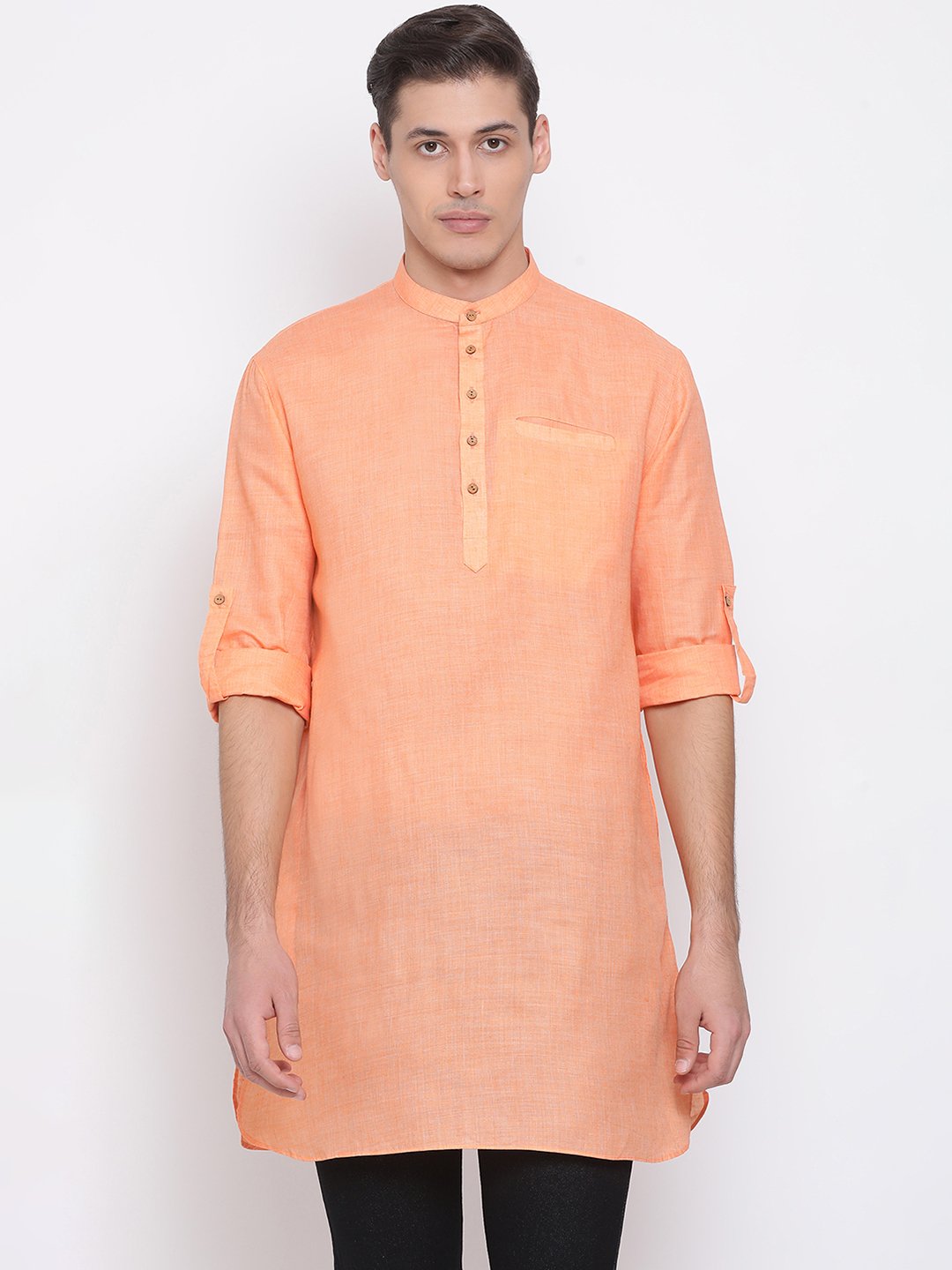 Vastramay Men's Orange Cotton Blend Short Kurta