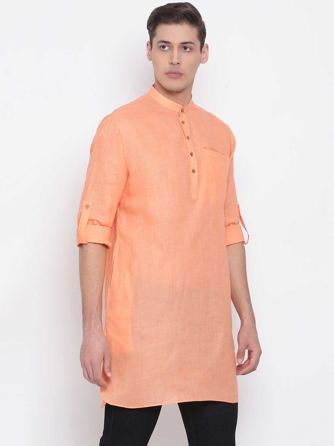 Vastramay Men's Orange Cotton Blend Short Kurta