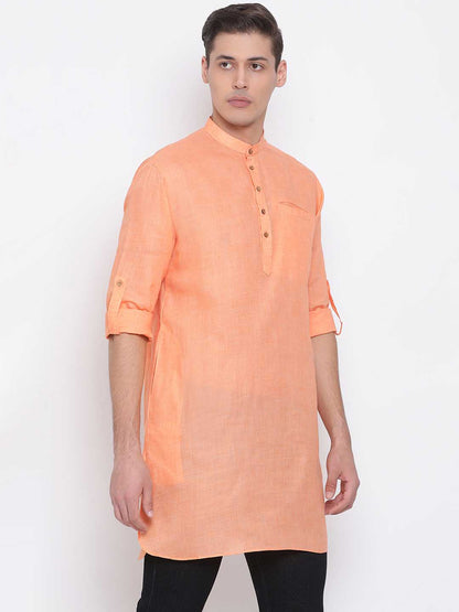 Vastramay Men's Orange Cotton Blend Short Kurta