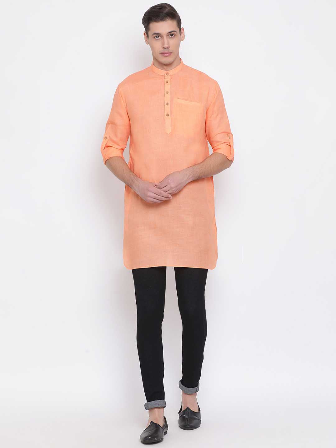 Vastramay Men's Orange Cotton Blend Short Kurta