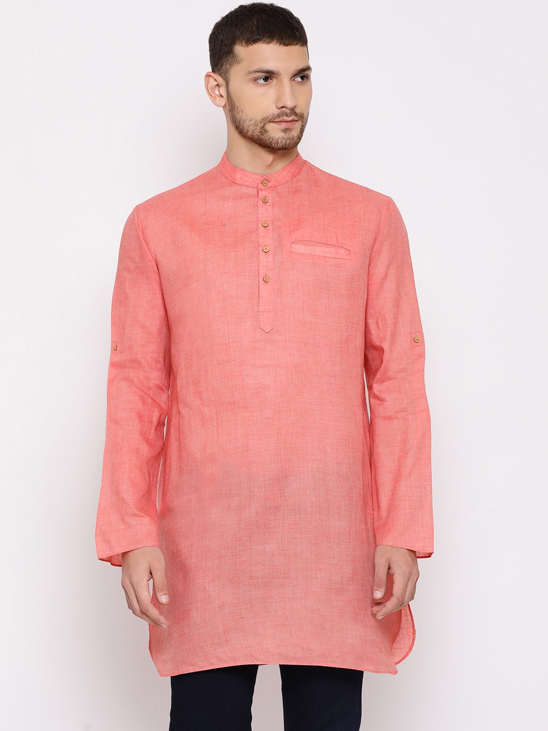 Vastramay Men's Pink Cotton Blend Short Kurta