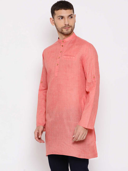 Vastramay Men's Pink Cotton Blend Short Kurta