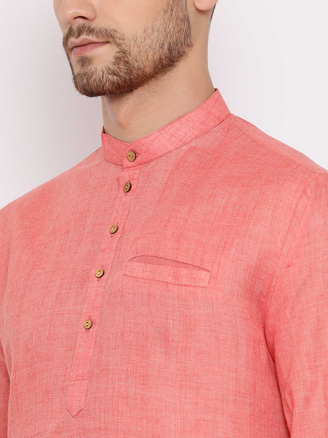 Vastramay Men's Pink Cotton Blend Short Kurta