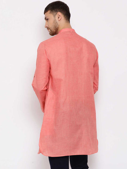 Vastramay Men's Pink Cotton Blend Short Kurta