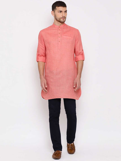 Vastramay Men's Pink Cotton Blend Short Kurta