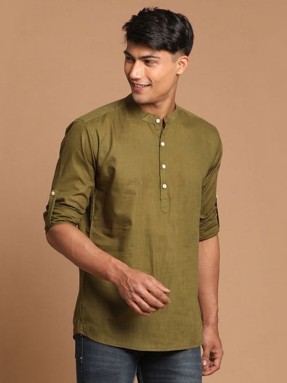 Vastramay Men's Olive Green Short Cotton Kurta